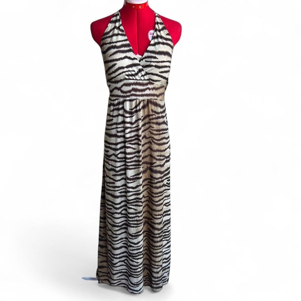 Brown & Gold Halter Maxi Dress With Tie Back Waist y2k size large date night